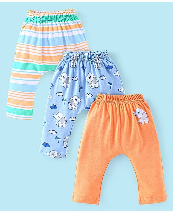 Babyhug Cotton Knit Full Length Diaper Pants Elephant Print Pack of 3 - Blue & Orange