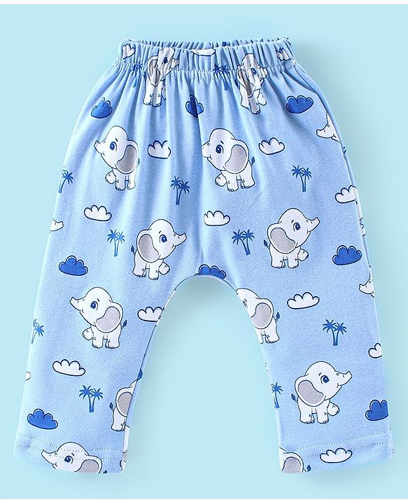 Babyhug Cotton Knit Full Length Diaper Pants Elephant Print Pack of 3 - Blue & Orange