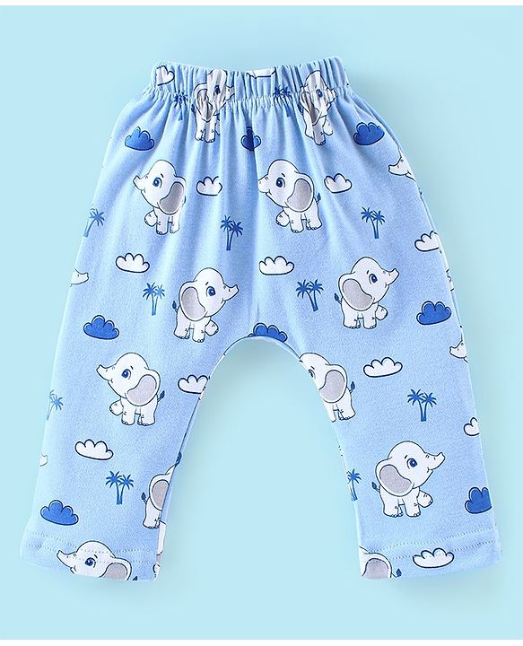 Babyhug Cotton Knit Full Length Diaper Pants Elephant Print Pack of 3 - Blue & Orange