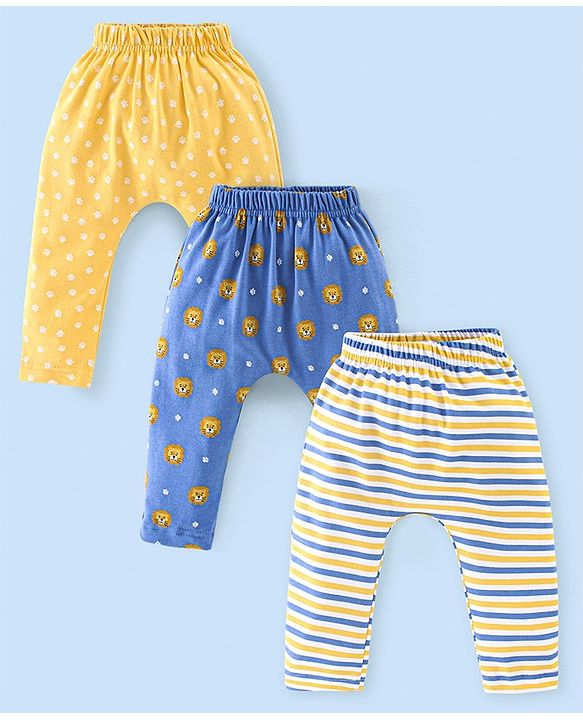 Babyhug Cotton Full Length Diaper Pants Stripes & Lion Print Pack of 3 - Blue & Yellow