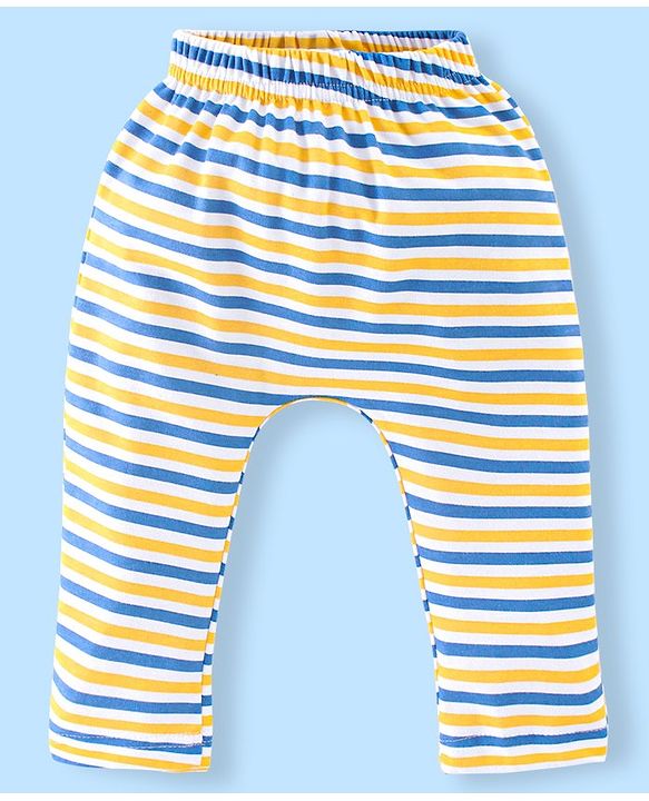 Babyhug Cotton Full Length Diaper Pants Stripes & Lion Print Pack of 3 - Blue & Yellow