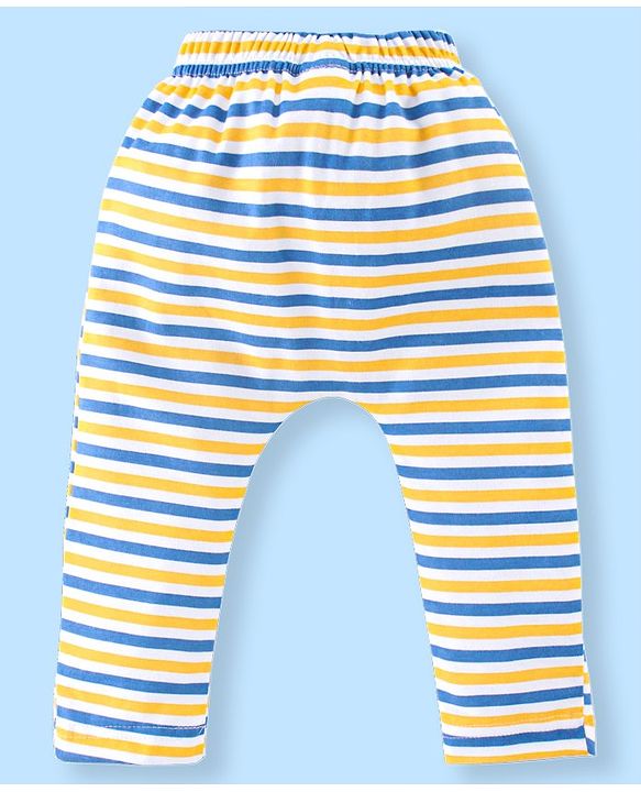 Babyhug Cotton Full Length Diaper Pants Stripes & Lion Print Pack of 3 - Blue & Yellow