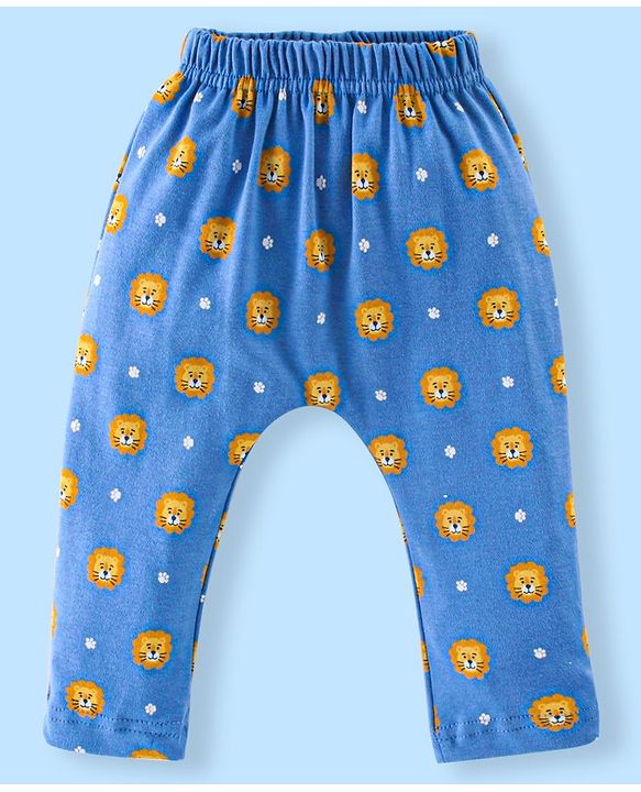 Babyhug Cotton Full Length Diaper Pants Stripes & Lion Print Pack of 3 - Blue & Yellow