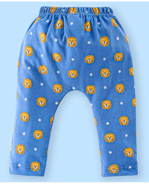 Babyhug Cotton Full Length Diaper Pants Stripes & Lion Print Pack of 3 - Blue & Yellow