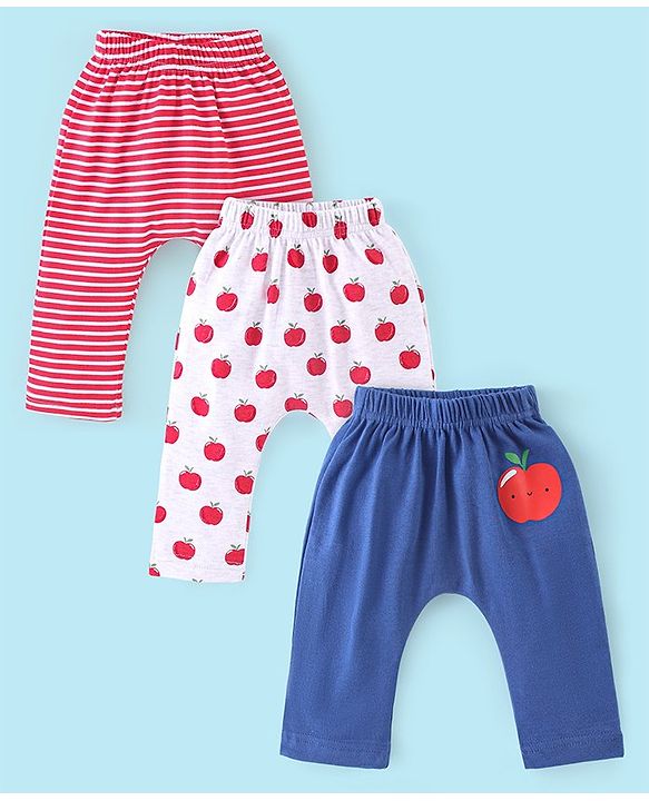 Babyhug Cotton Knit Full Length Striped Diaper Pants Fruits Print Pack of 3 - Red White & Blue