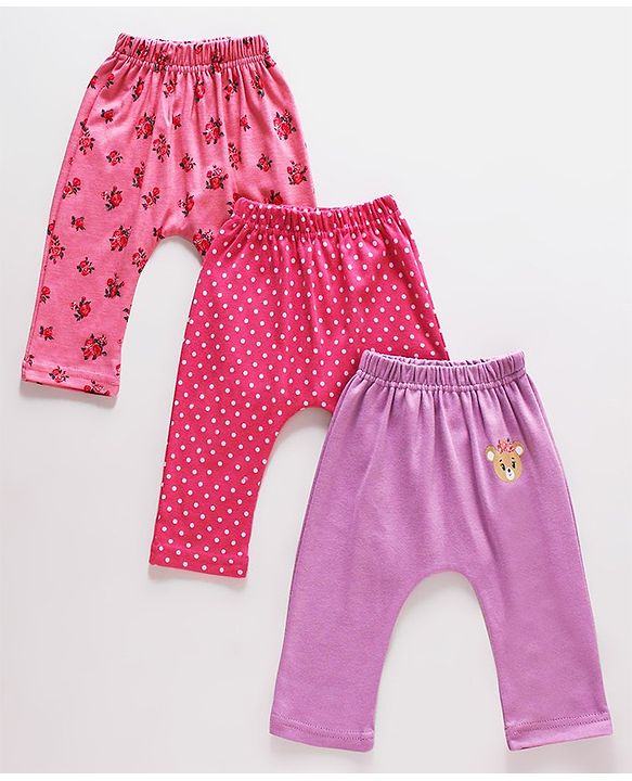 Babyhug Cotton Full Length Floral Print Diaper Leggings Pack of 3 - Pink & Purple