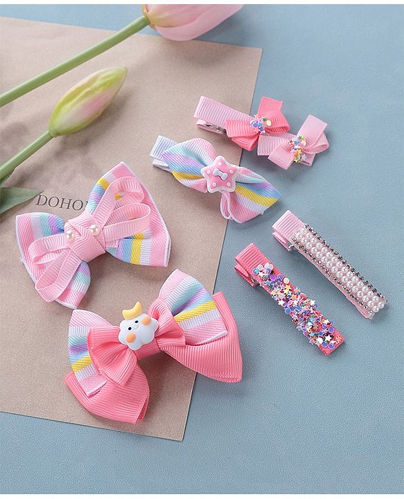 Babyhug Free Size Hair Clips Bow Design Pack of 6- Multicolor