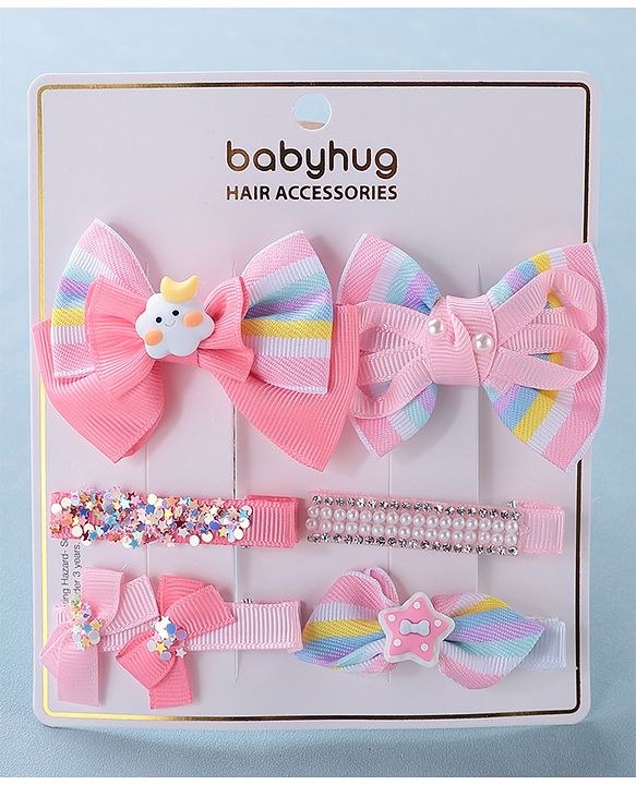 Babyhug Free Size Hair Clips Bow Design Pack of 6- Multicolor
