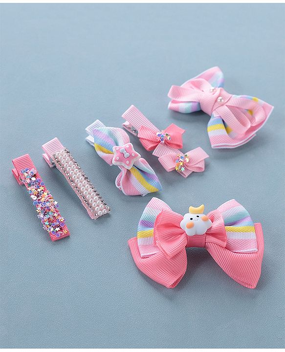 Babyhug Free Size Hair Clips Bow Design Pack of 6- Multicolor