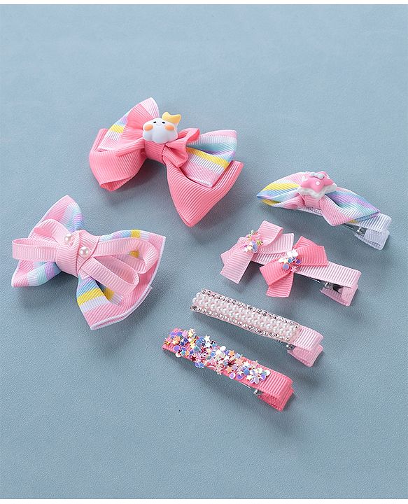 Babyhug Free Size Hair Clips Bow Design Pack of 6- Multicolor