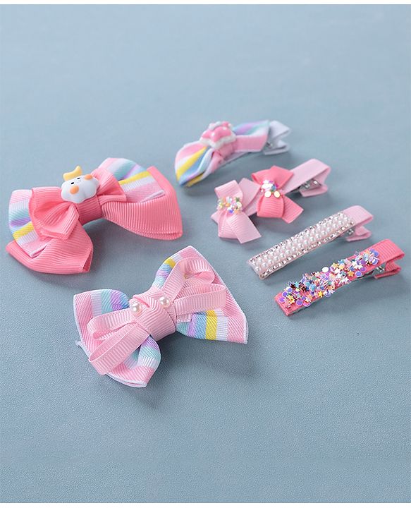 Babyhug Free Size Hair Clips Bow Design Pack of 6- Multicolor