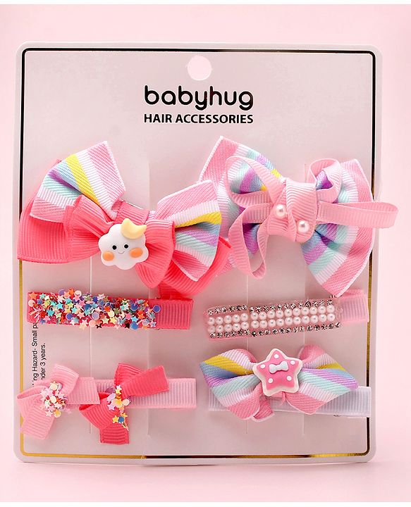Babyhug Free Size Hair Clips Bow Design Pack of 6- Multicolor