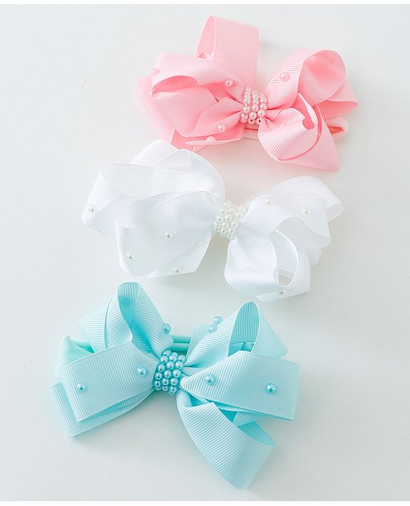 Babyhug Ribbon Bow With Pearls Headbands Pack Of 3  - Multicolor