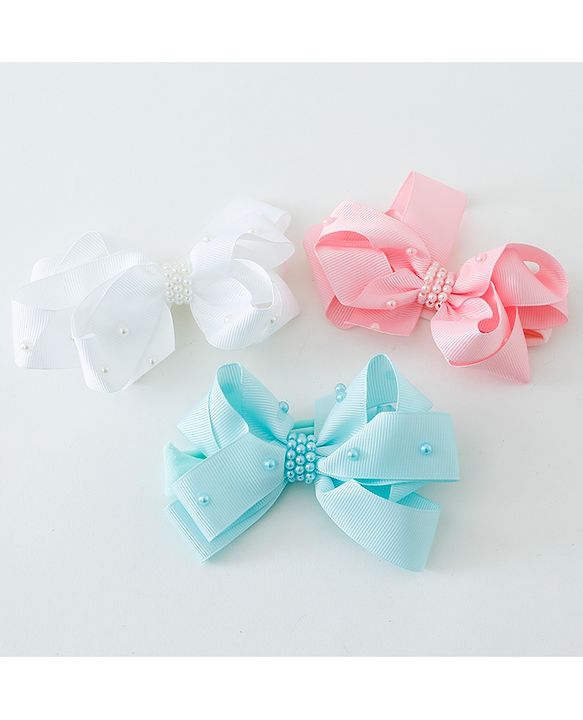 Babyhug Ribbon Bow With Pearls Headbands Pack Of 3  - Multicolor