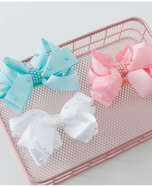 Babyhug Ribbon Bow With Pearls Headbands Pack Of 3  - Multicolor