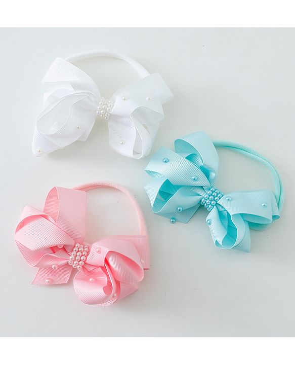 Babyhug Ribbon Bow With Pearls Headbands Pack Of 3  - Multicolor