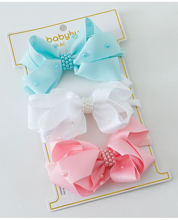 Babyhug Ribbon Bow With Pearls Headbands Pack Of 3  - Multicolor