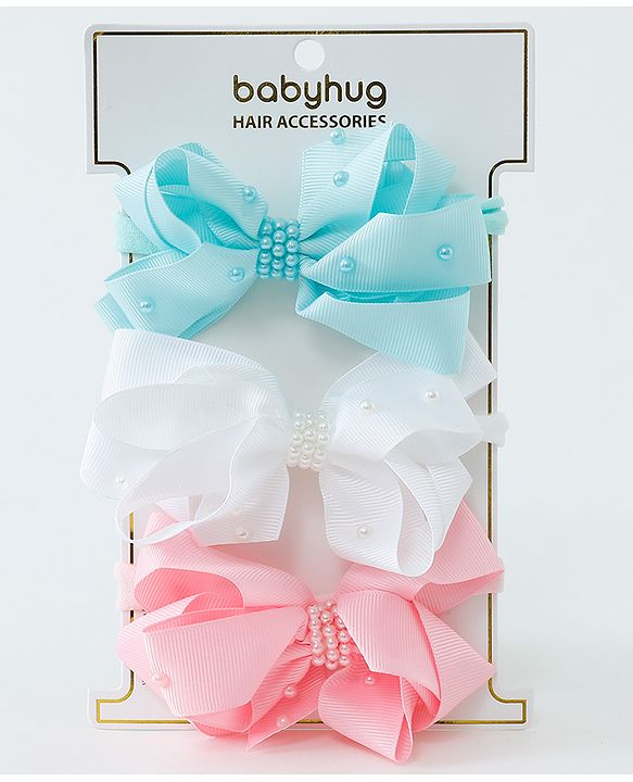 Babyhug Ribbon Bow With Pearls Headbands Pack Of 3  - Multicolor