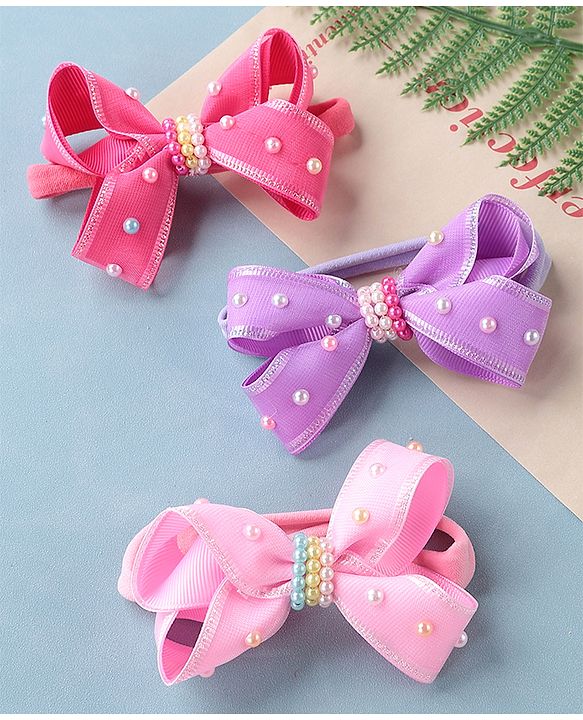 Babyhug Free Size Headbands with Bow Applique Pack of 3 - Pink & Purple