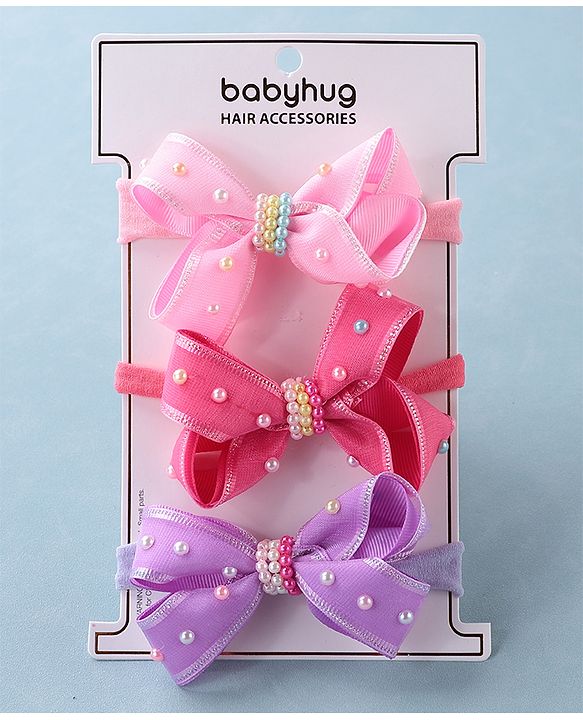 Babyhug Free Size Headbands with Bow Applique Pack of 3 - Pink & Purple