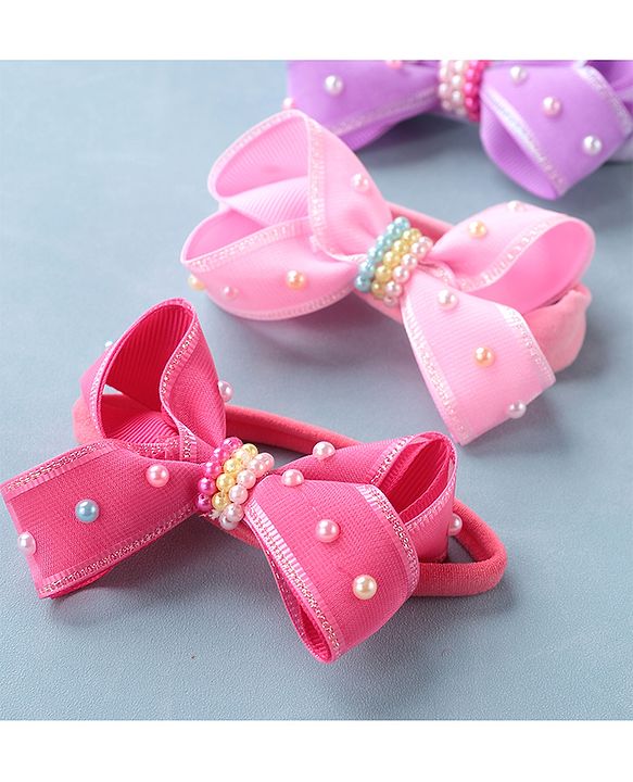 Babyhug Free Size Headbands with Bow Applique Pack of 3 - Pink & Purple