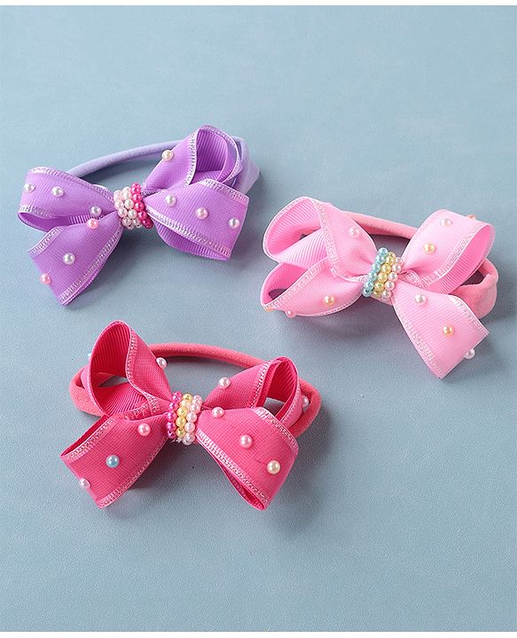 Babyhug Free Size Headbands with Bow Applique Pack of 3 - Pink & Purple