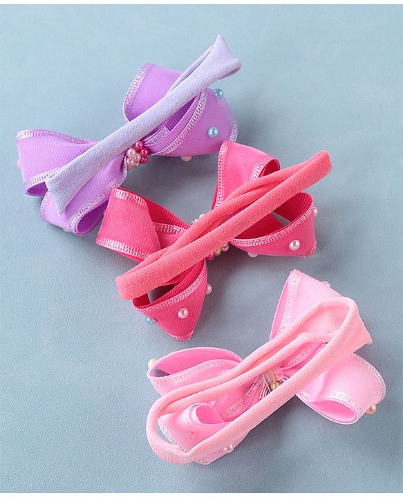 Babyhug Free Size Headbands with Bow Applique Pack of 3 - Pink & Purple