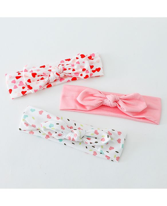 Babyhug Heart Shape Printed Bow Headbands Pack Of 3 - Multicolor