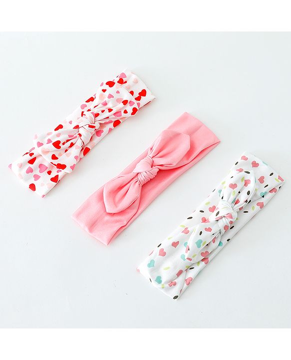 Babyhug Heart Shape Printed Bow Headbands Pack Of 3 - Multicolor