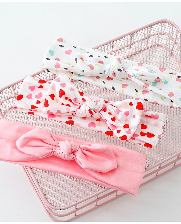 Babyhug Heart Shape Printed Bow Headbands Pack Of 3 - Multicolor