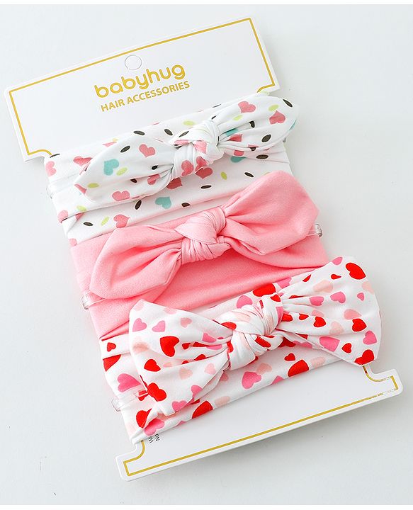 Babyhug Heart Shape Printed Bow Headbands Pack Of 3 - Multicolor