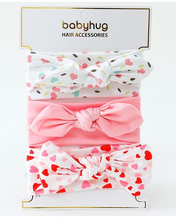 Babyhug Heart Shape Printed Bow Headbands Pack Of 3 - Multicolor