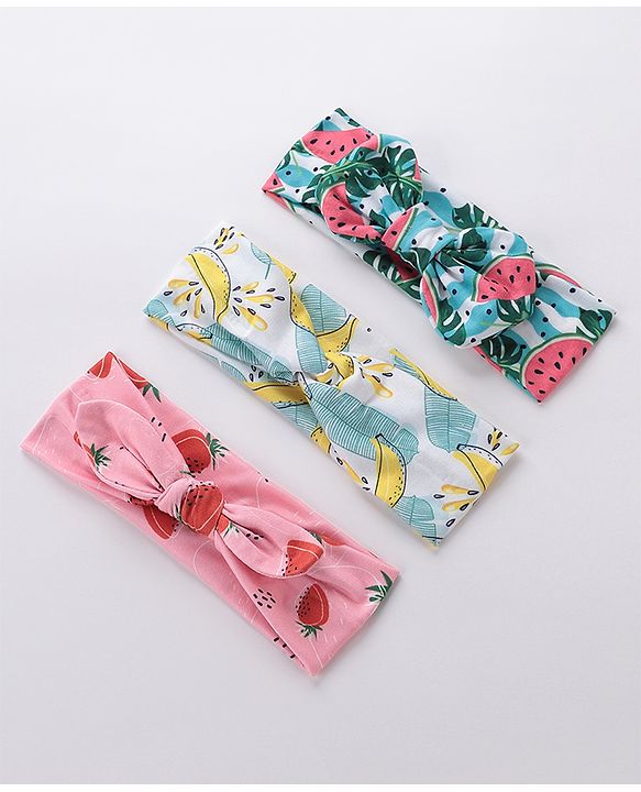 Babyhug Free Size Headbands With Bow Detailing Strawberry & Banana Print Pack of 3- Multicolor