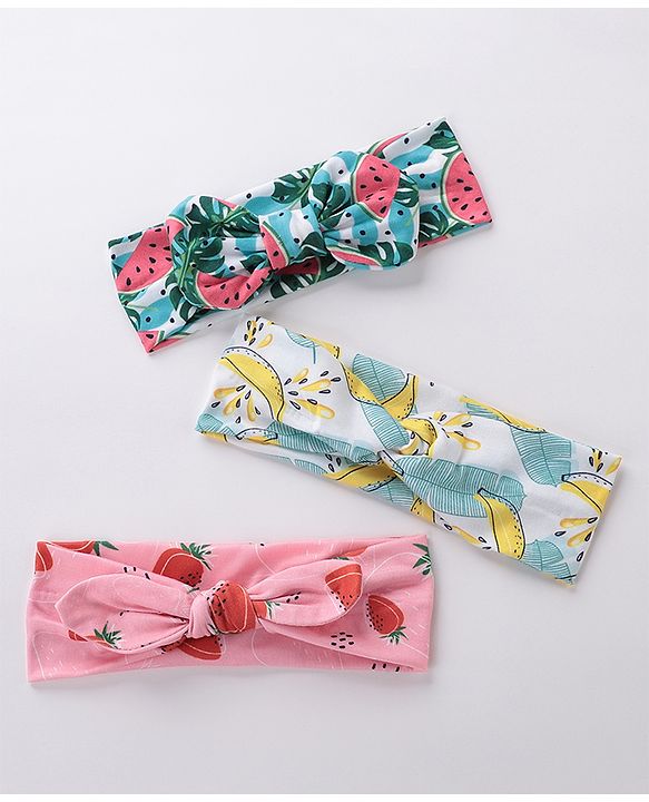 Babyhug Free Size Headbands With Bow Detailing Strawberry & Banana Print Pack of 3- Multicolor