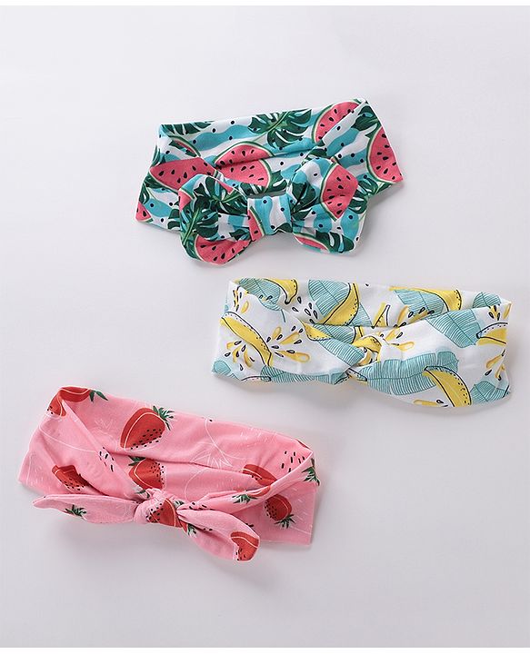 Babyhug Free Size Headbands With Bow Detailing Strawberry & Banana Print Pack of 3- Multicolor