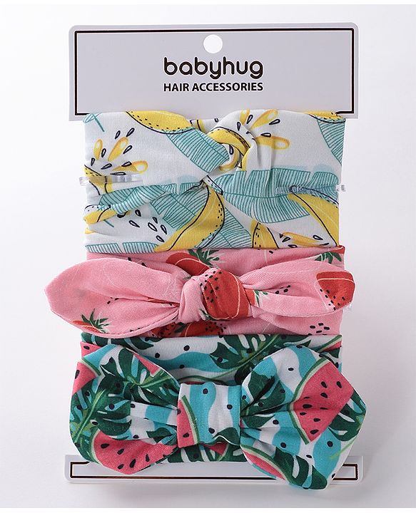 Babyhug Free Size Headbands With Bow Detailing Strawberry & Banana Print Pack of 3- Multicolor