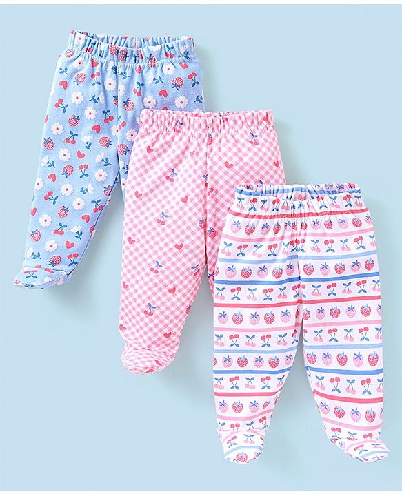 Babyhug Cotton Full Length Bootie Pants Floral Print Pack Of 3- Blue & Pink