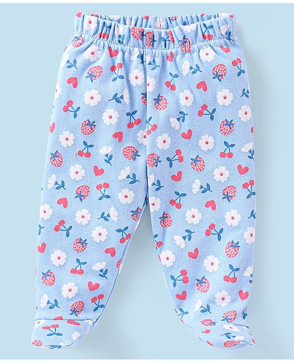 Babyhug Cotton Full Length Bootie Pants Floral Print Pack Of 3- Blue & Pink