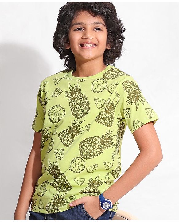 Pine Kids 100% Cotton Half Sleeves Biowashed T-Shirt Pineapple Print - Green