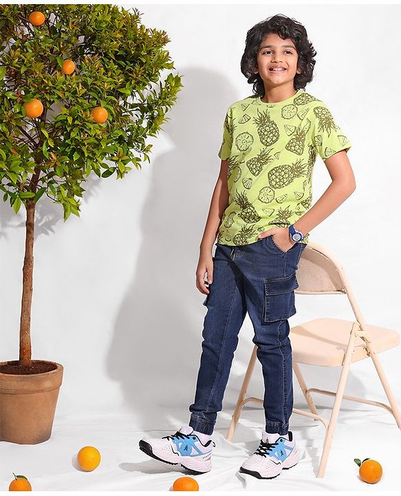 Pine Kids 100% Cotton Half Sleeves Biowashed T-Shirt Pineapple Print - Green