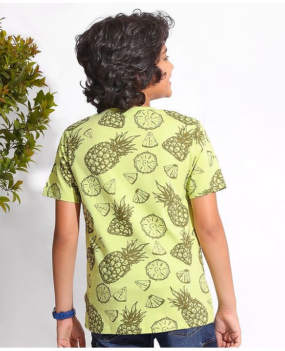 Pine Kids 100% Cotton Half Sleeves Biowashed T-Shirt Pineapple Print - Green