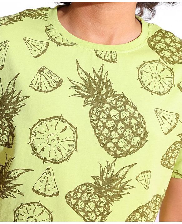 Pine Kids 100% Cotton Half Sleeves Biowashed T-Shirt Pineapple Print - Green