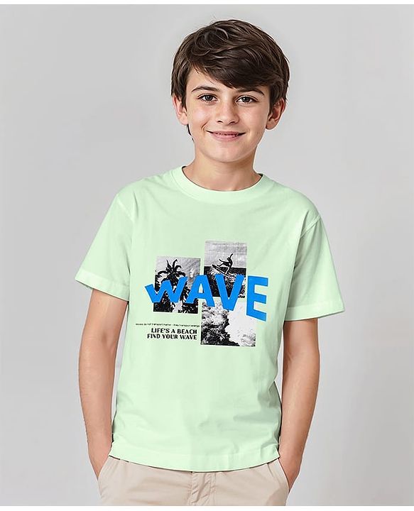 Pine Kids Half Sleeves Biowashed T-Shirt Wave Print - Green