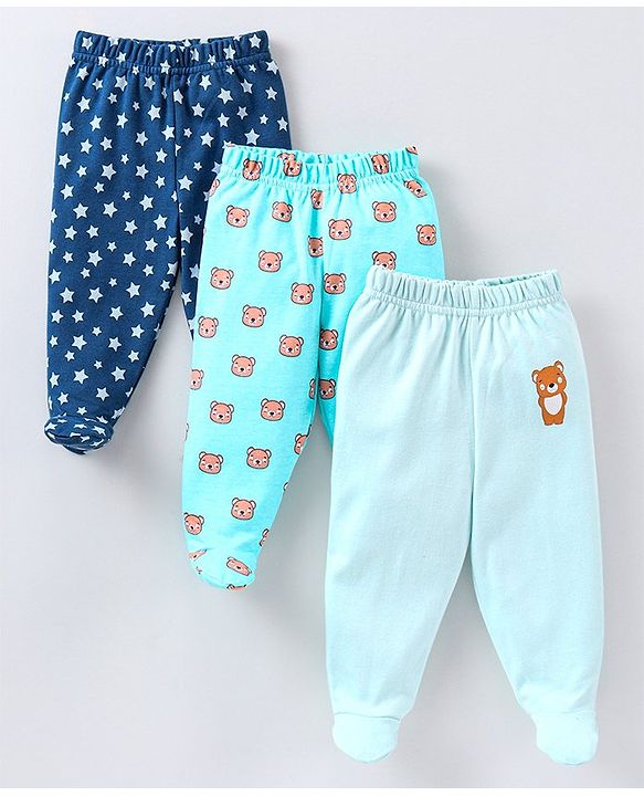Babyhug Cotton Knit Footed Length Bootie Leggings Striped & Teddy Print Pack of 3 - Multicolour
