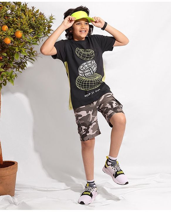 Pine Kids 100% Cotton Biowahshed Half Sleeves T- Shirt Tire Print - Black