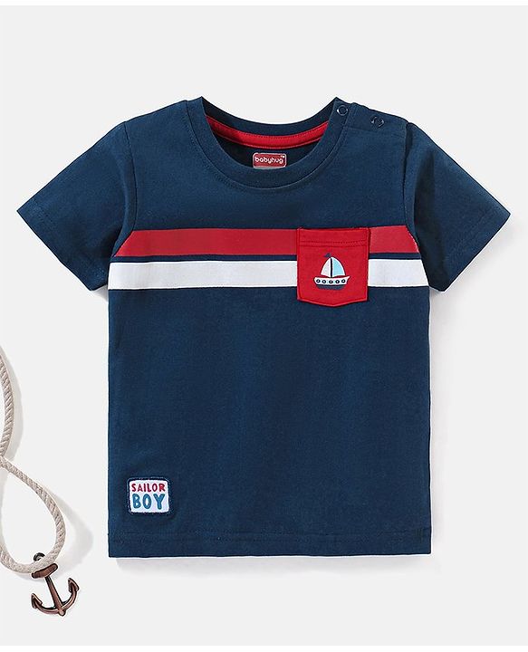 Babyhug Cotton Knit Half Sleeves T-Shirt Yatch Print - Navy Blue