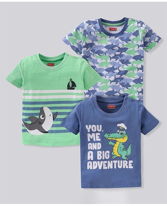 Babyhug Cotton Half Sleeves T-Shirt Stripes & Shark Print Pack of 3 - Blue Green