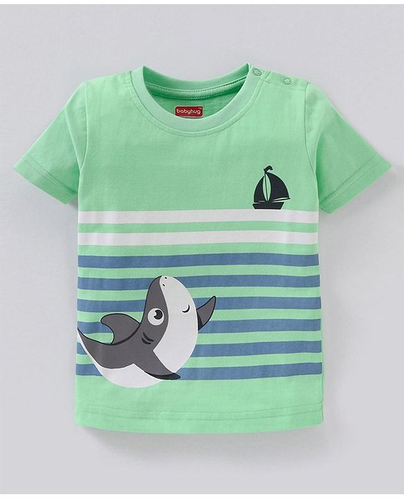 Babyhug Cotton Half Sleeves T-Shirt Stripes & Shark Print Pack of 3 - Blue Green