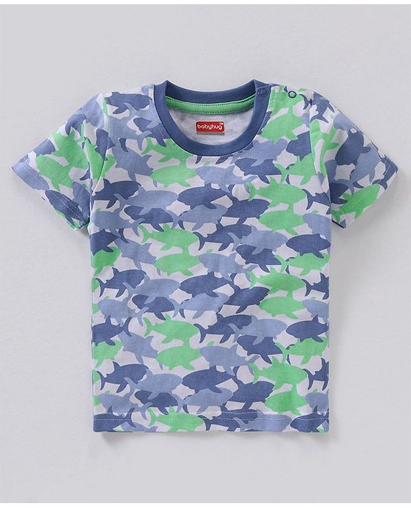 Babyhug Cotton Half Sleeves T-Shirt Stripes & Shark Print Pack of 3 - Blue Green