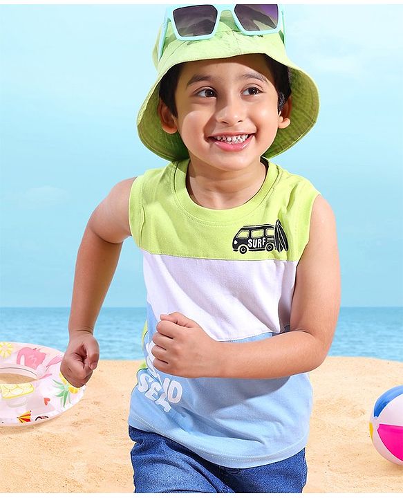 Babyhug Cotton Sleeveless Cut & Sew T-Shirt Surf Sand Sea Printed - Blue & White
